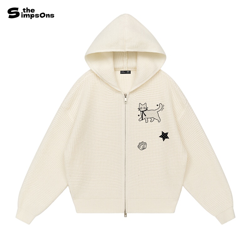 The Simpsons American-Style Cat Embroidery Zip-Up Autumn Hooded Cardigan Knitwear for Women The Simpsons American-Style Cat Embroidery Zip-Up Autumn Hooded Cardigan Knitwear for Women