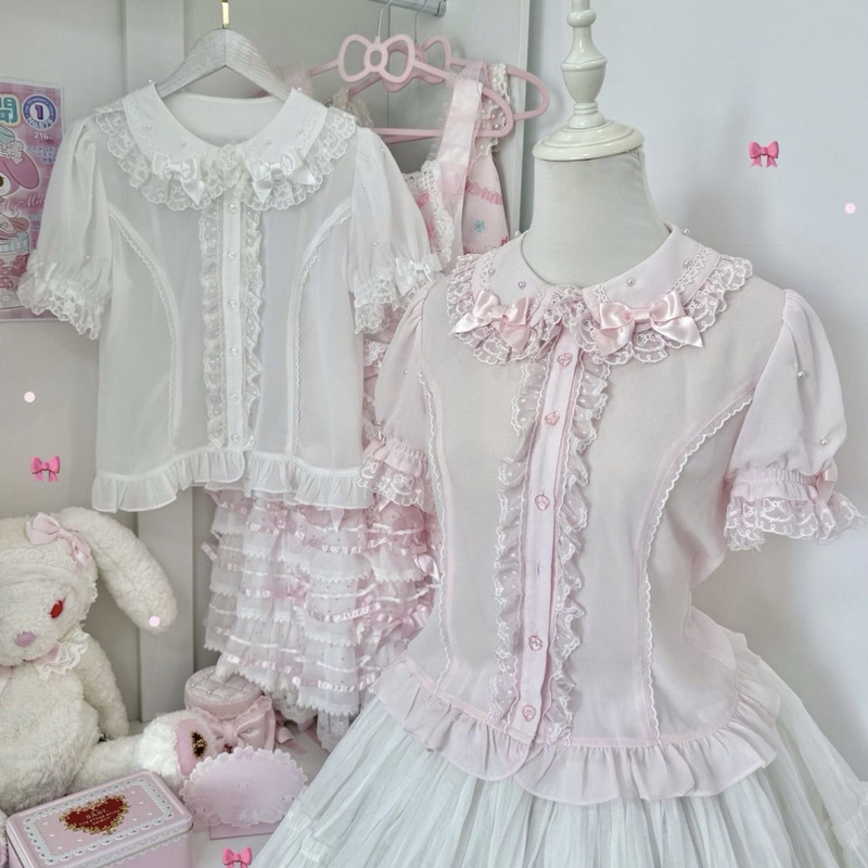 In-Stock Lolita Soft Girl Sweet Summer Doll-Like Cute Short-Sleeved Shirt Top Lolita Inner Wear with Ice-Clear Pearls