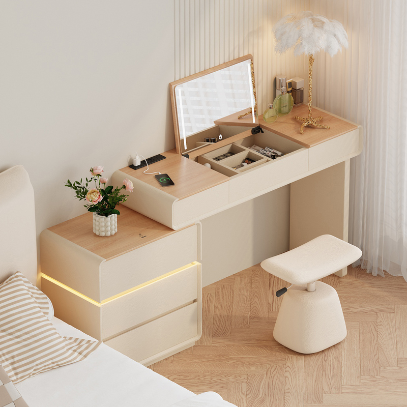 Suitable for Small Rooms, a Bedside Three-Drawer Cabinet and Dressing Table Integrated with a Natural Wood Cream-Style Bedroom Flip-Top Mirror Makeup Table