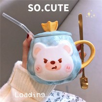Ins Korean cute cartoon breakfast creative water cup girl student ceramic cup with lid spoon straw mug