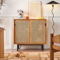 Ash wood sideboard new Chinese style home small apartment rattan double door sideboard restaurant tableware storage cabinet double layer