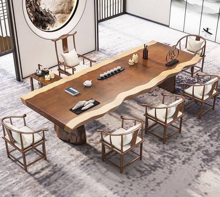 New Chinese solid wood tea table and chairs combination simple living room Kung Fu tea table original large board wood office bubble tea table