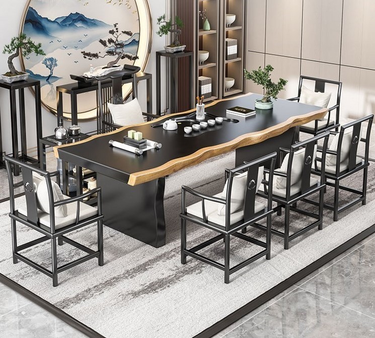 Solid wood large plate tea table and chairs combined tea art Zen Serie Kung Fu office log New Chinese tea table Living room