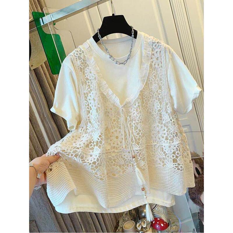 Plus Size 150kg Unique and Delicate Hollow Lace Crochet Vest T-Shirt Women's Two-Piece Set Summer Loose Top for Women Plus Size 150kg Unique and Delicate Hollow Lace Crochet Vest T-Shirt Women's Two-Piece Set Summer Loose Top for Women