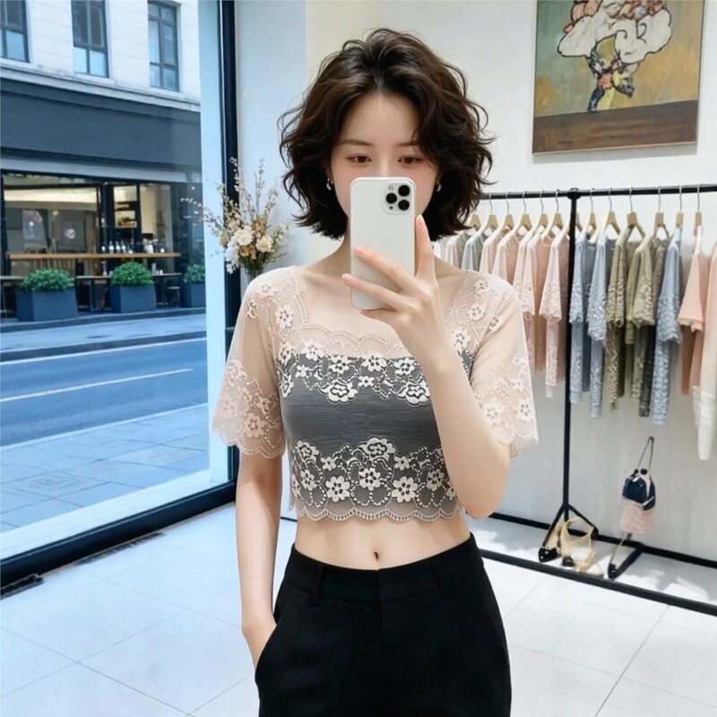 Lace Base Shirt with Sheer Layering, Mesh Top for Women, Fashionable and Stylish, Short-Sleeved or Sleeveless, Arm-Covering Magic