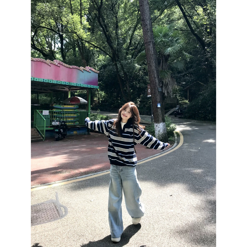 Korean-Style Preppy Vibe Faux Two-Piece Striped Sweater for Women, Autumn and Winter Casual Turn-Down Collar Polo Knit Top