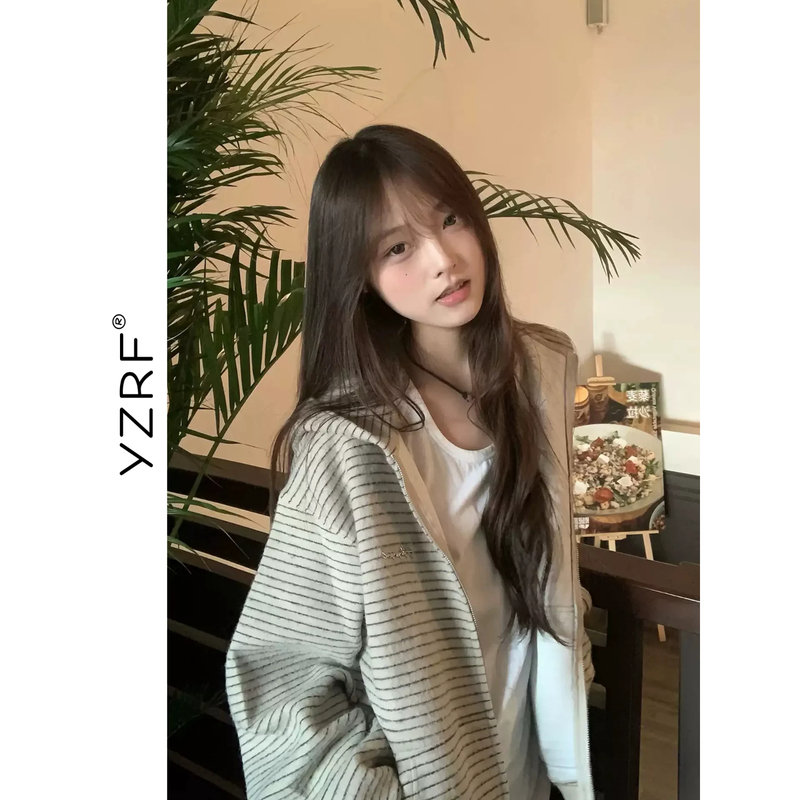 Striped Cardigan Zipper Sweatshirt for Women, Spring and Autumn 2026 New Style, American Retro Lazy Style, Loose Trendy Brand Hooded Jacket Striped Cardigan Zipper Sweatshirt for Women, Spring and Autumn 2026 New Style, American Retro Lazy Style, Loose Trendy Brand Hooded Jacket