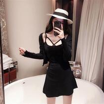 High-end two-piece long-sleeved cardigan with tight-fitting vest hollow suspender skirt casual sports suit skirt
