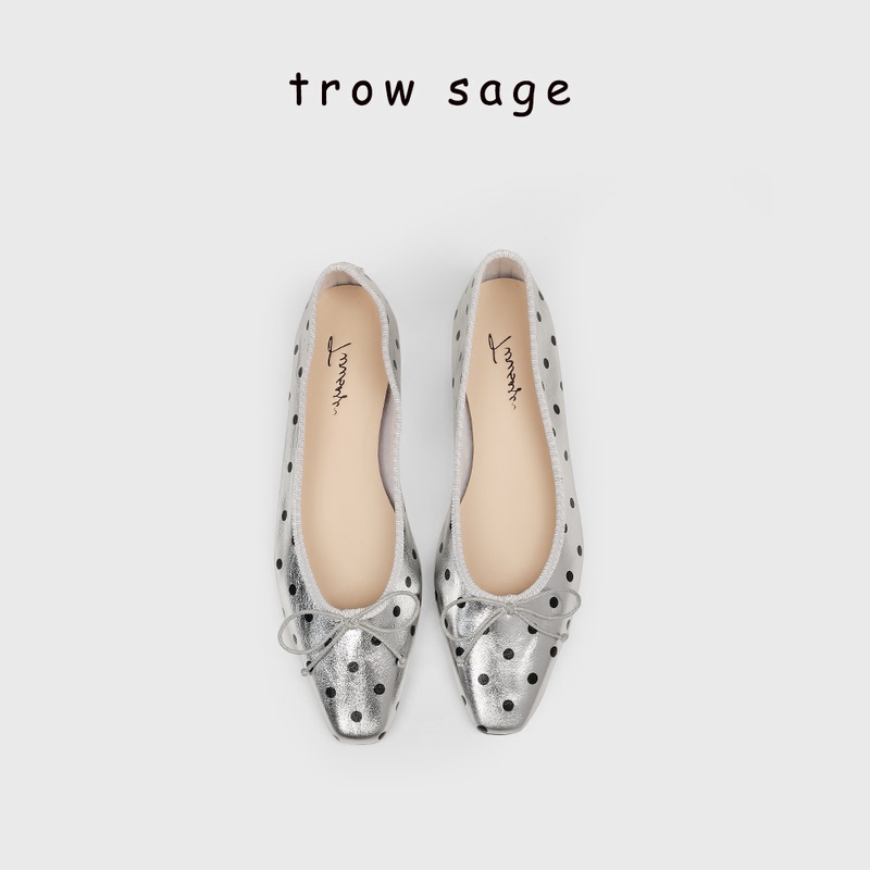Trowsage Miss Hera ▏ Ballet Shoes with Bow, Polka Dots, Square Toe, High-End Flat Shoes, Height-Increasing Shoes for Women
