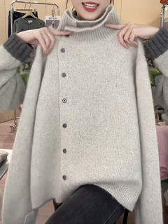 Chic asymmetrical button stand collar sweater women's 2026 spring new loose age-reducing soft waxy versatile knitted long sleeves
