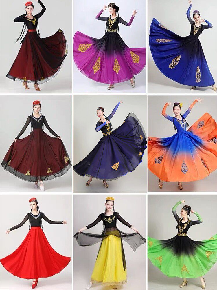 Xinjiang dance costumes female Uyghur dance practice skirt adult large swing skirt performance costume new national costume Uyghur