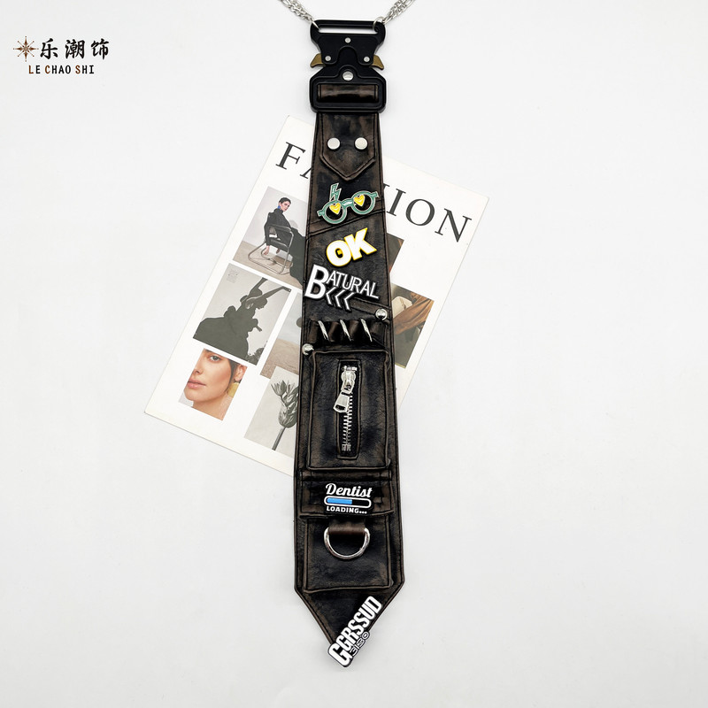 Lechao Original Trendy Brand Pu Leather Tie for Women, High-End Design, Unique Personality ins Cool Punk Pin Motorcycle Accessory