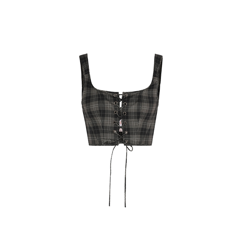 Lace-Up Waist Short Vest British Gray Plaid Print Selkie Collection Lace-Up Waist Short Vest British Gray Plaid Print Selkie Collection
