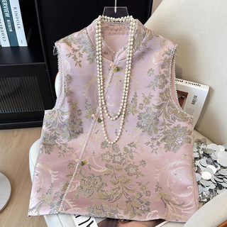 New chinese style national style element vest, high-end sleeveless beaded vest for women, autumn mulberry silk vest