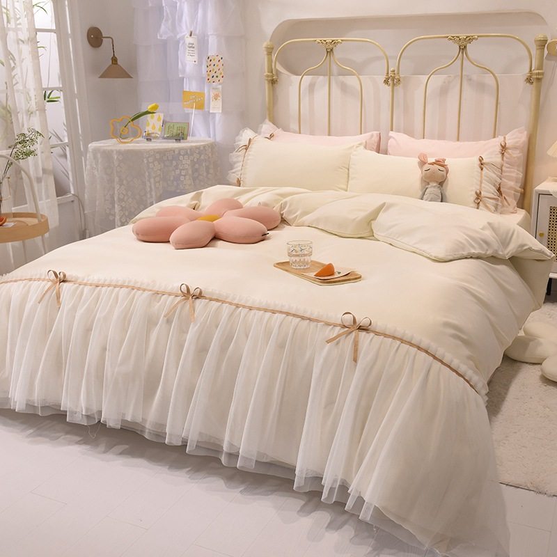Miss Deer Ice Silk Four-piece Set of Solid Color Chiffon Princess Wind Summer Lace Bedding Sheet Quilt