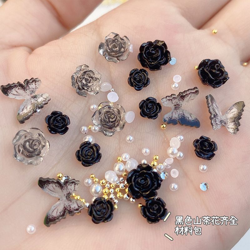 Black Smudged Camellia J Butterfly Accessories Internet-Famous Ice-Clear Black Three-Dimensional Rose Flower Decorations Nail Art
