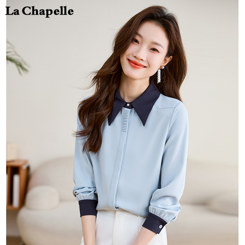 La Chapelle Spring New Color-Blocked Polo Collar Shirt with a Stylish Chiffon Design