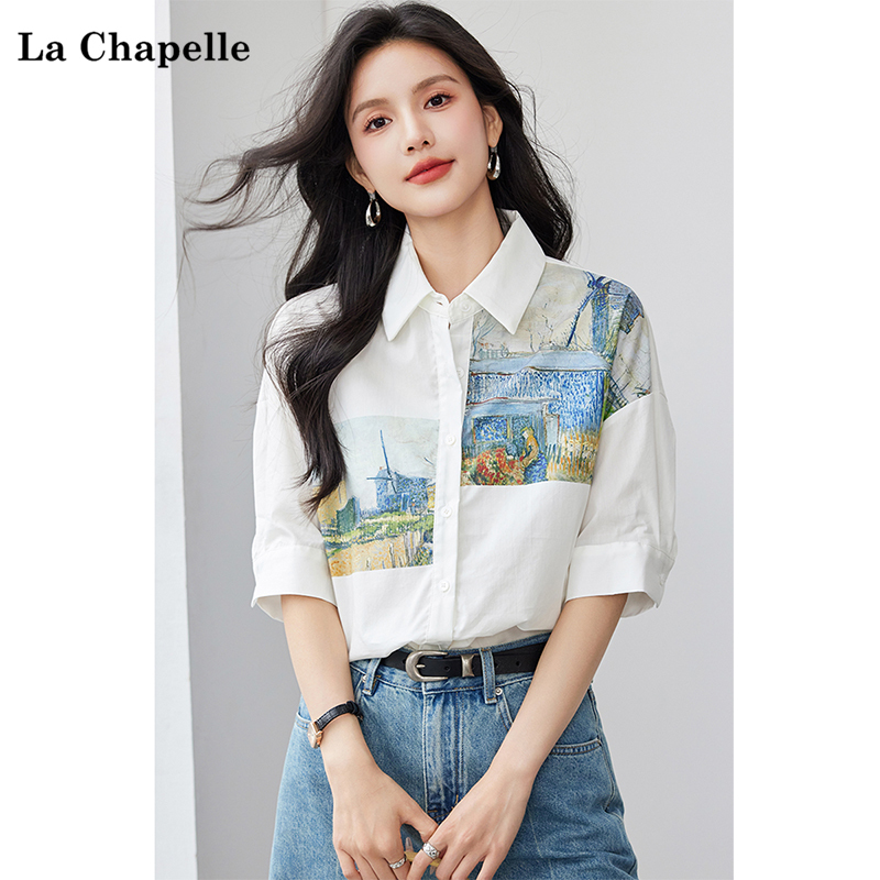 La Chapelle New Shirt Commuter Fashion Printed Cardigan Short-Sleeved Shirt Top Women's Clothing La Chapelle New Shirt Commuter Fashion Printed Cardigan Short-Sleeved Shirt Top Women's Clothing