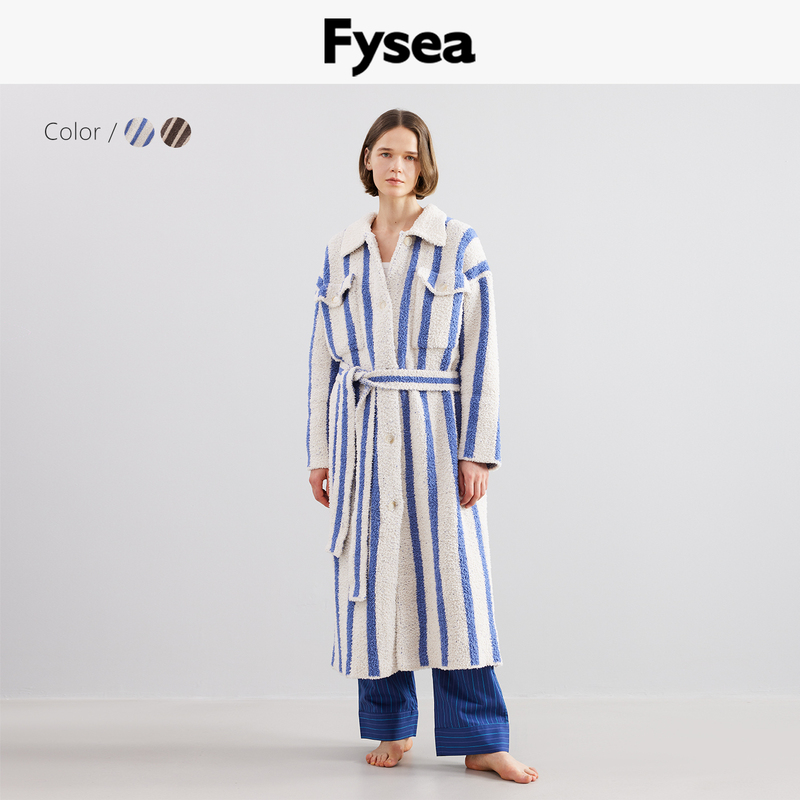 Fyseawinter Striped Jacquard Half-Velvet Nightgown, Thick and Soft Loungewear, Warm and Fashionable for Autumn and Winter, Suitable for Outerwear