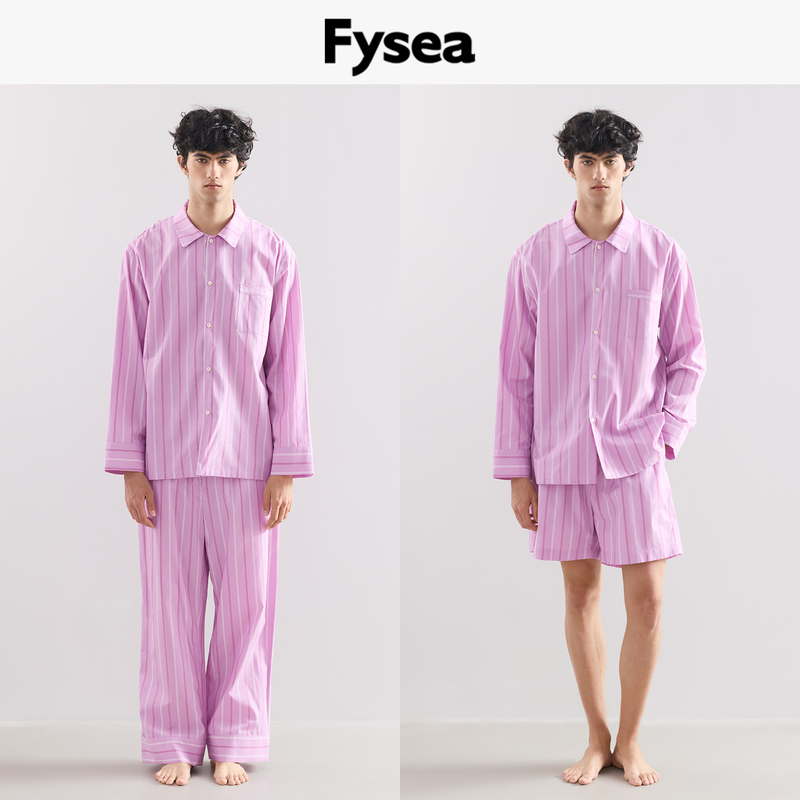 Fysea Purple Pink Custom-Woven Striped Loungewear Tencel Cotton High-End Feel Spring Summer Autumn Pajamas Sleepwear for Men and Women Can Be Worn Outside