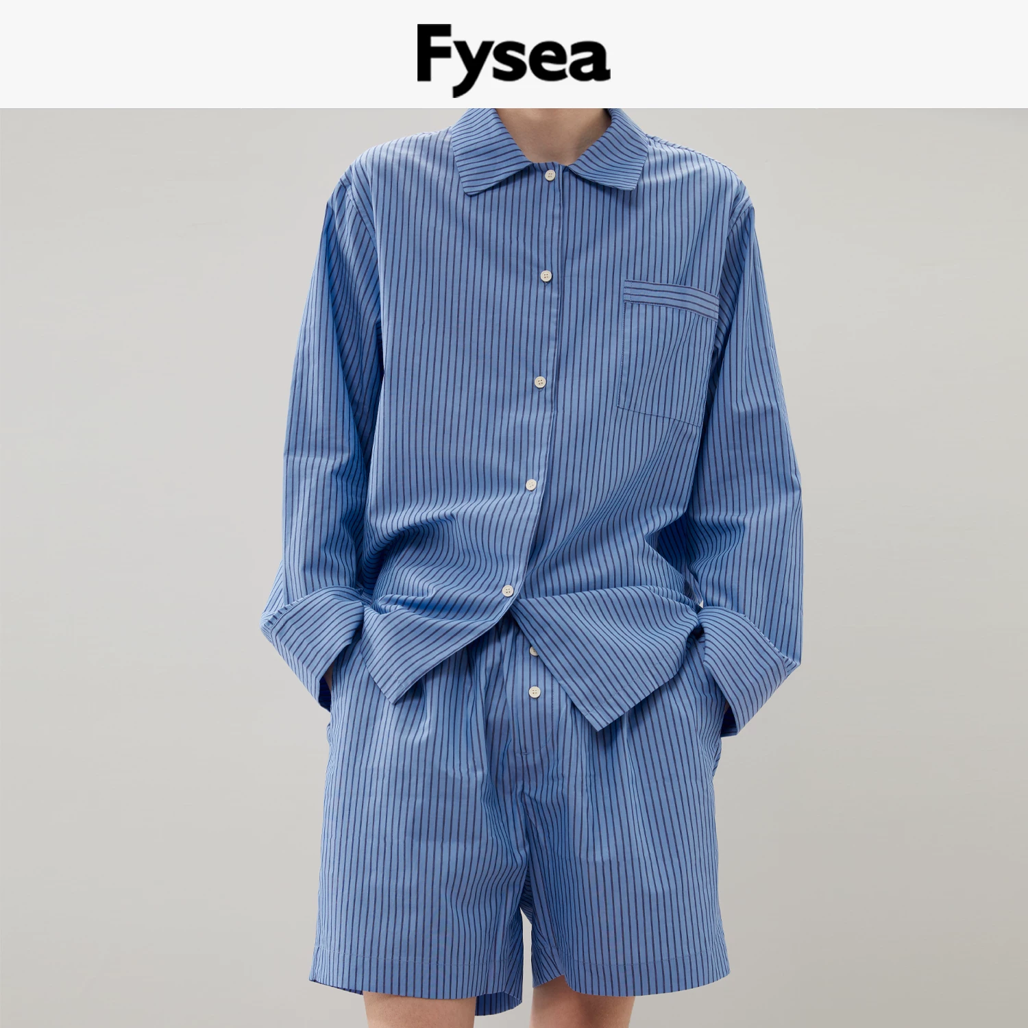 Fysea Tencel Cotton Ночной синий полосатые пижамы весна, лето и осень домашняя одежда можно носить и на улице мужская и женская маленький воротник с длинными рукавами