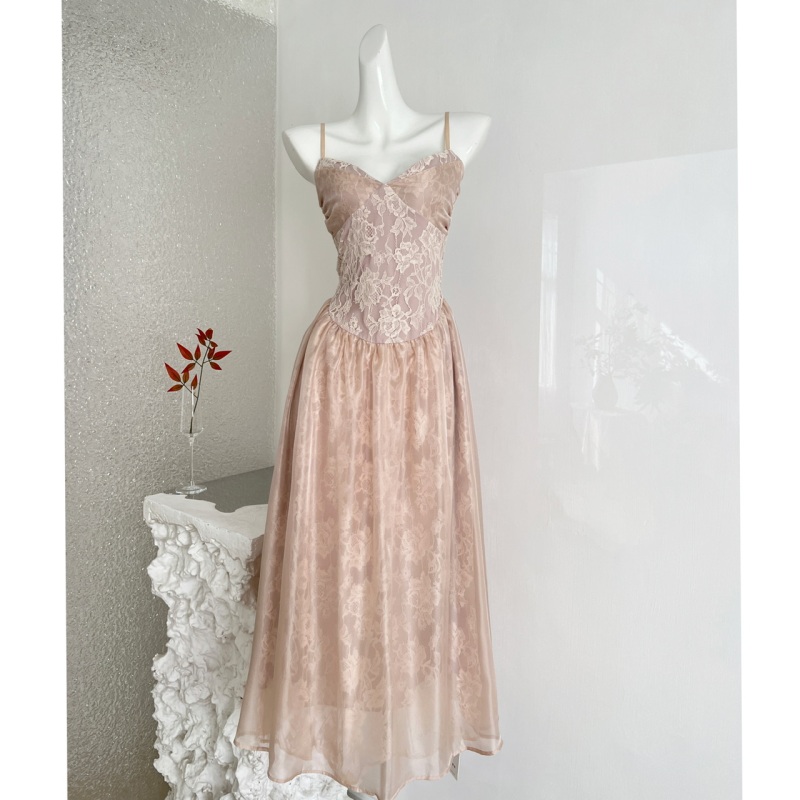 Chestnut Cocoa Bankelili' Embossed Lace' Rose Lace Jacquard Waist-Slimming A-Line Strap Long Dress for Women