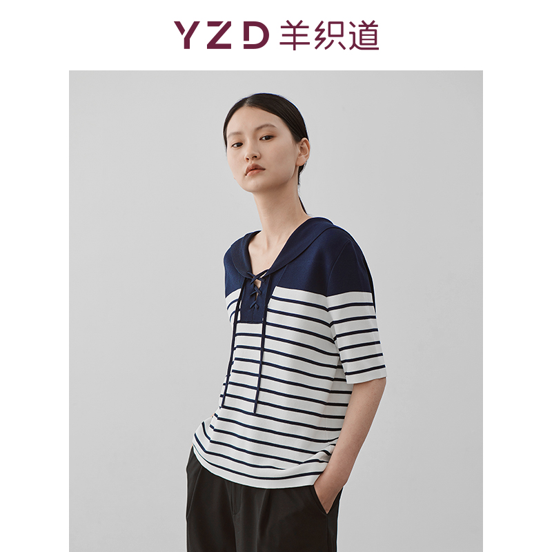 YZD Sheep Weaving Road Magic Sea Navy tie striped top women's summer design stitching pullover short-sleeved T-shirt