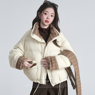 2025 Winter New Style Patchwork Plaid Drawstring down Jacket for Women with Scarf, Halter Neck, Thickened, Warm, Loose Fit Puffer Coat