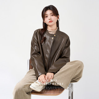 Jianwen 2025 Spring and Autumn New Vintage Pu Leather Jacket Brown Short Women's Melard Leather Jacket Zipper Cardigan