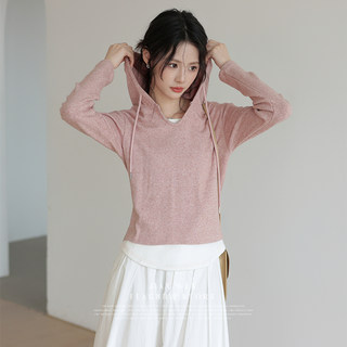 2025 Autumn New V-Neck Fake Two-Piece Hooded Long-Sleeve T-Shirt for Women, Slim Fit Base Layer Pullover Top, Trendy Blouse