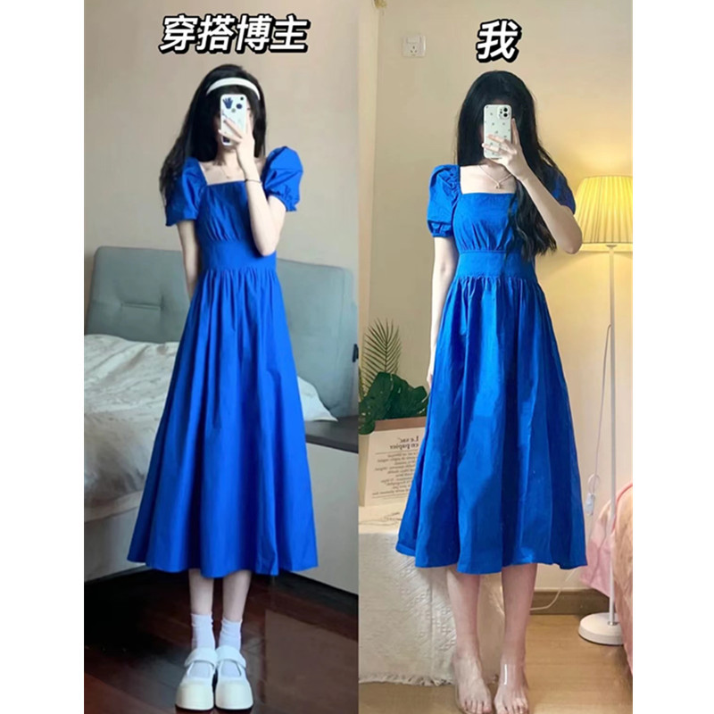 Klein Blue French Puff Sleeve Dress for Women 170, High-End, Waist-Cinching, Slimming, Elegant, Off-Shoulder, 175 Extra-Long Dress