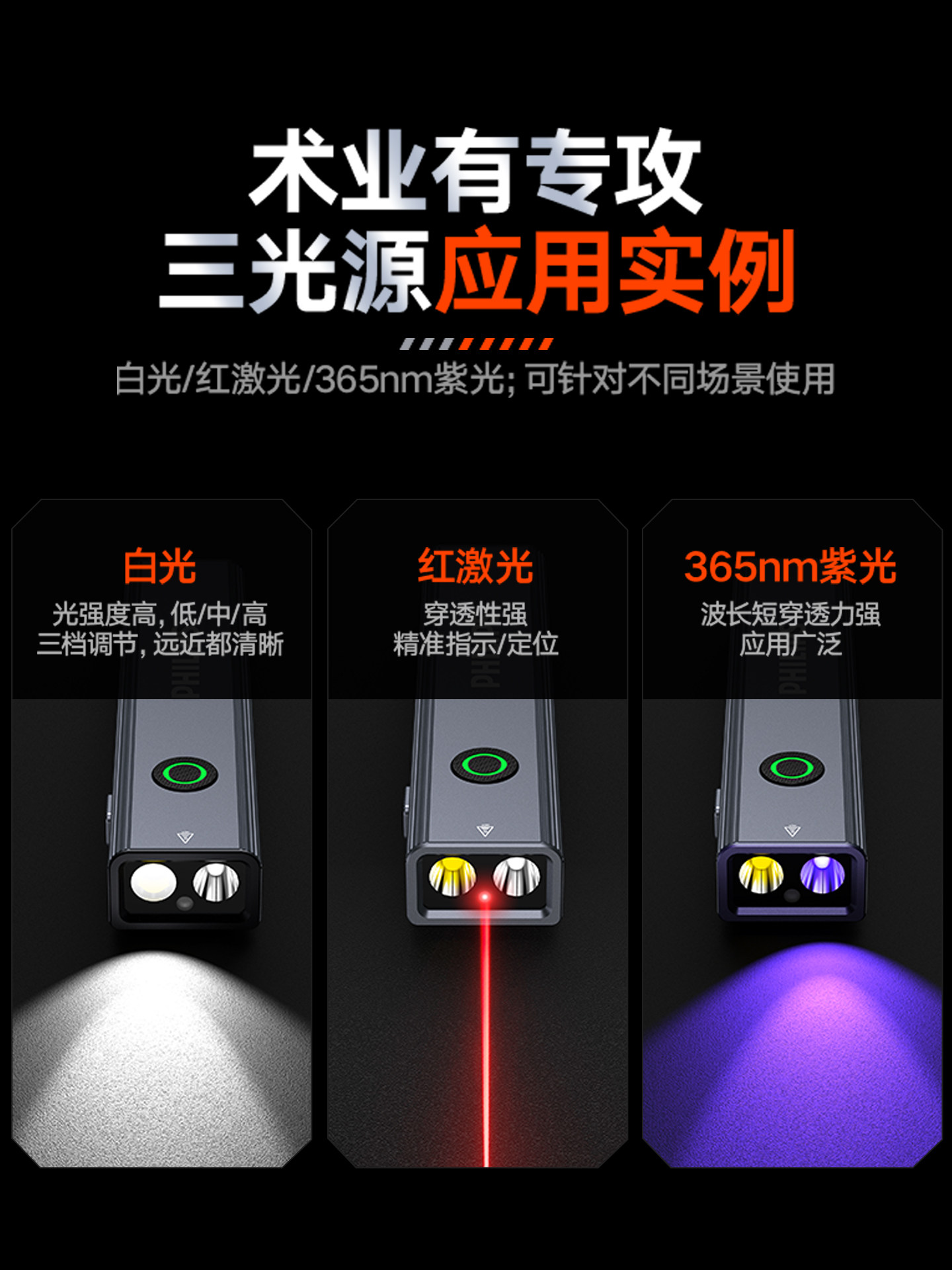 Philips Strong Light Flashlight Multi-Functional Magnetic Outdoor Work Light Side Light Portable Laser Flashlight Two-In-One