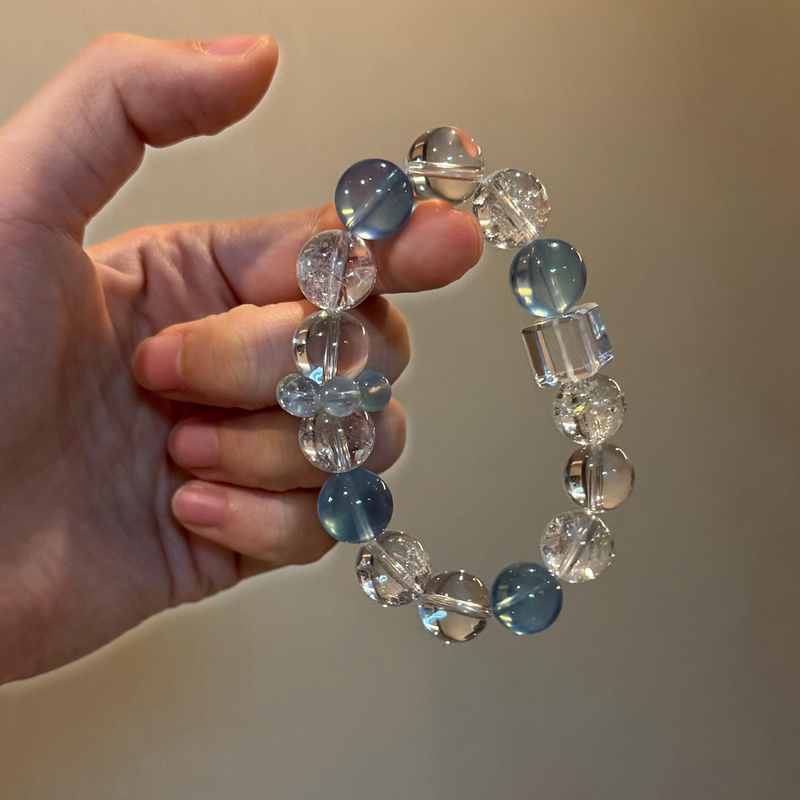 Natural Crystal Bracelet for Women with Large Beads, Aquamarine, White Crystal, Gold and Water Element, Fortune-Enhancing Beads, Crystal Bracelet Gift