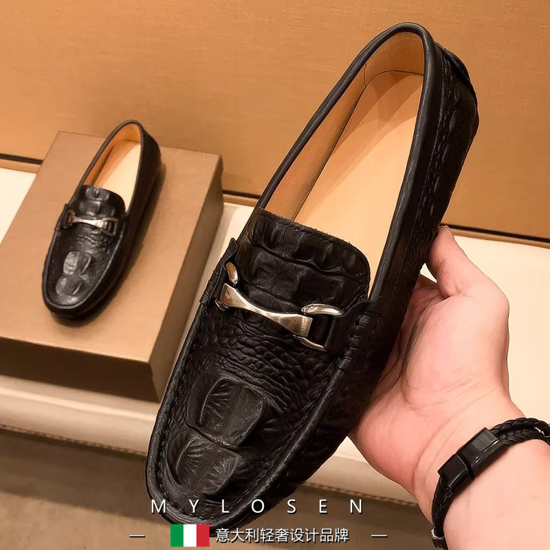 Mai Luosen Genuine Leather Loafers for Men, 2026 Spring New Crocodile Pattern Slip-On Casual Leather Shoes