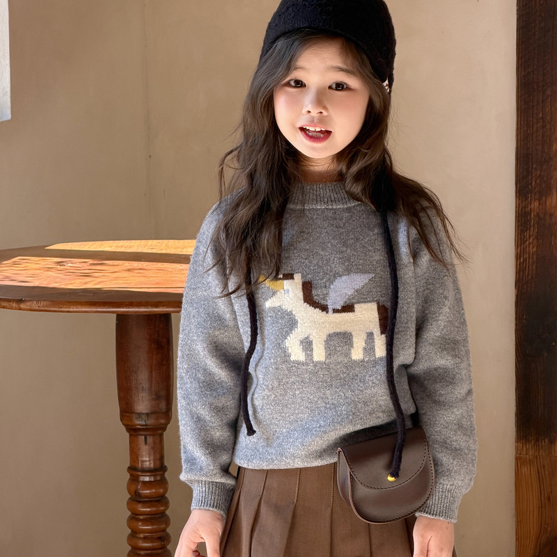Children's 100% Pure Wool Sweater with Unicorn Pattern, Girls' Knitted Sweater, Autumn and Winter Thickened Sweater, Boys' Base Layer Sweater Children's 100% Pure Wool Sweater with Unicorn Pattern, Girls' Knitted Sweater, Autumn and Winter Thickened Sweater, Boys' Base Layer Sweater