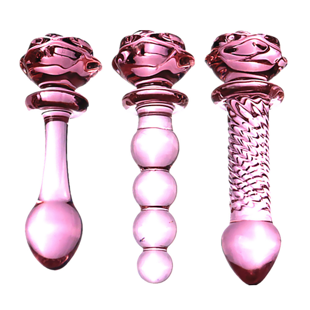 Glass Dildo Pink Rose Flower Shape Vaginal Anal Butt Plug