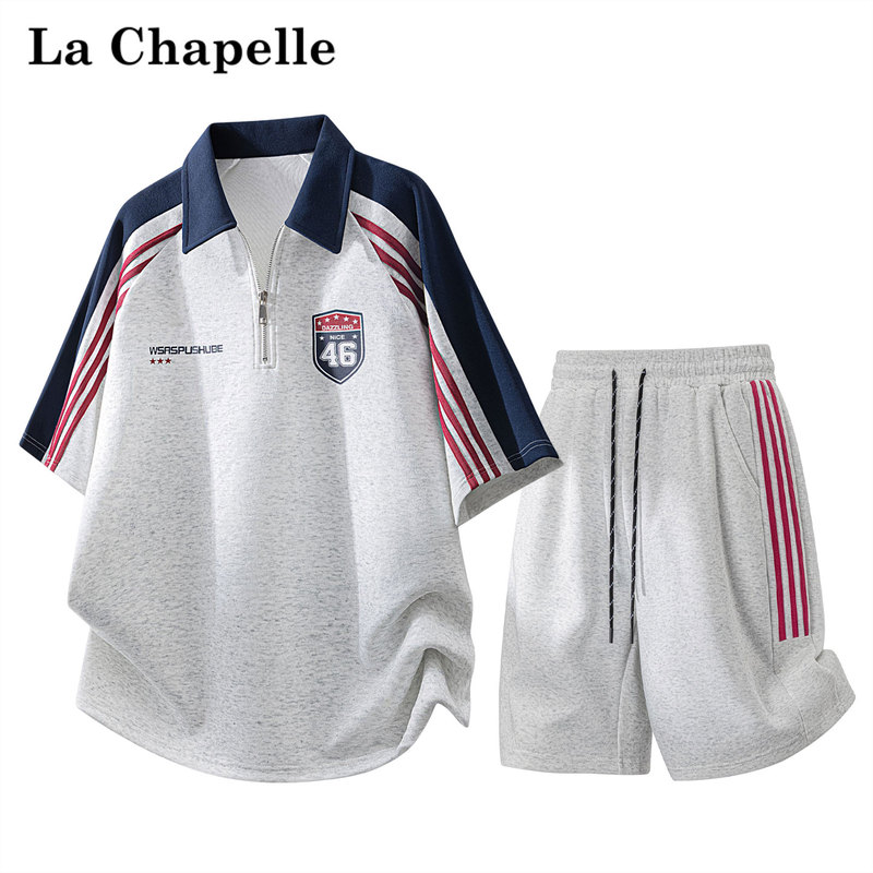 La Chapelle Striped Patchwork Sports Suit for Women, Summer College Style Loose Short-Sleeved Polo Shirt and Shorts Set La Chapelle Striped Patchwork Sports Suit for Women, Summer College Style Loose Short-Sleeved Polo Shirt and Shorts Set