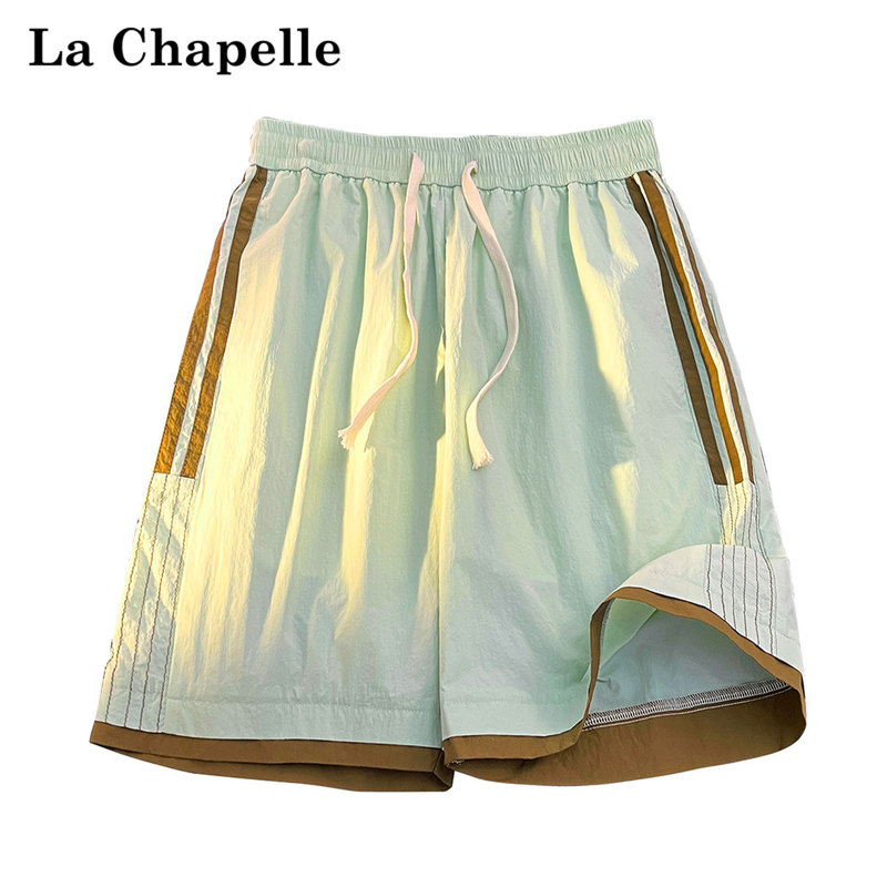 La Chapelle Three-Stripe Color-Blocking Design Ice Silk Shorts for Women, New Summer Style, Loose Casual Thin Five-Point Pants