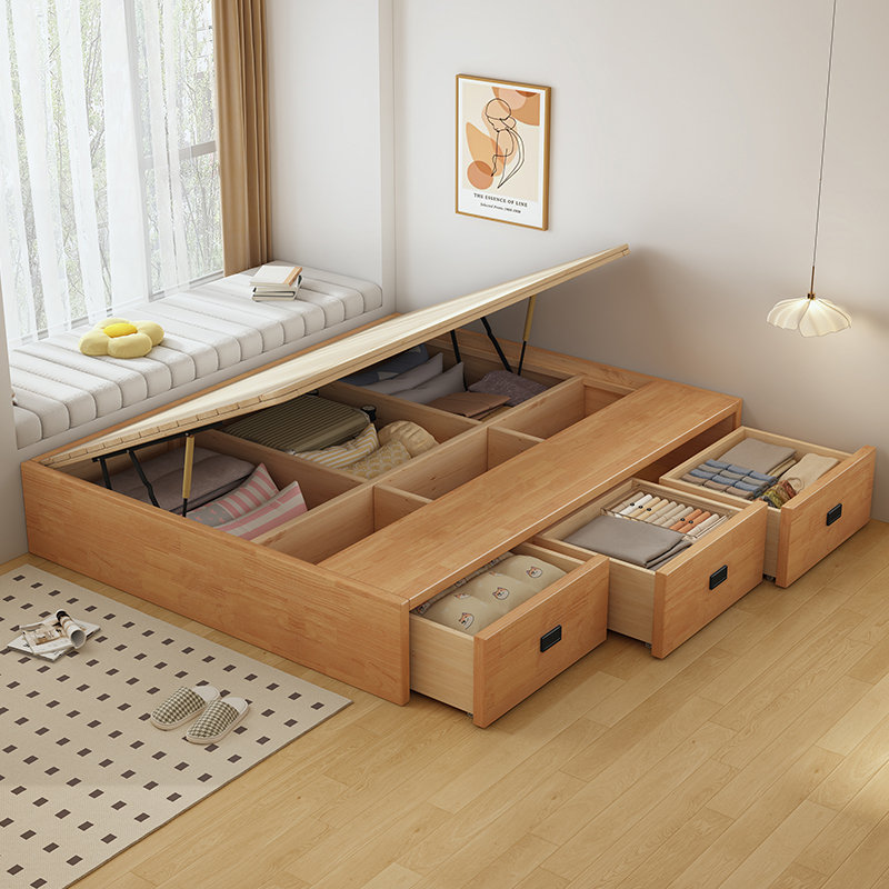 Tatami Solid Wood Bed Frame Without Headboard, Drawer Storage, Air Pressure High Box Storage Bed, Small Apartment Platform Box Bed Tatami Solid Wood Bed Frame Without Headboard, Drawer Storage, Air Pressure High Box Storage Bed, Small Apartment Platform Box Bed