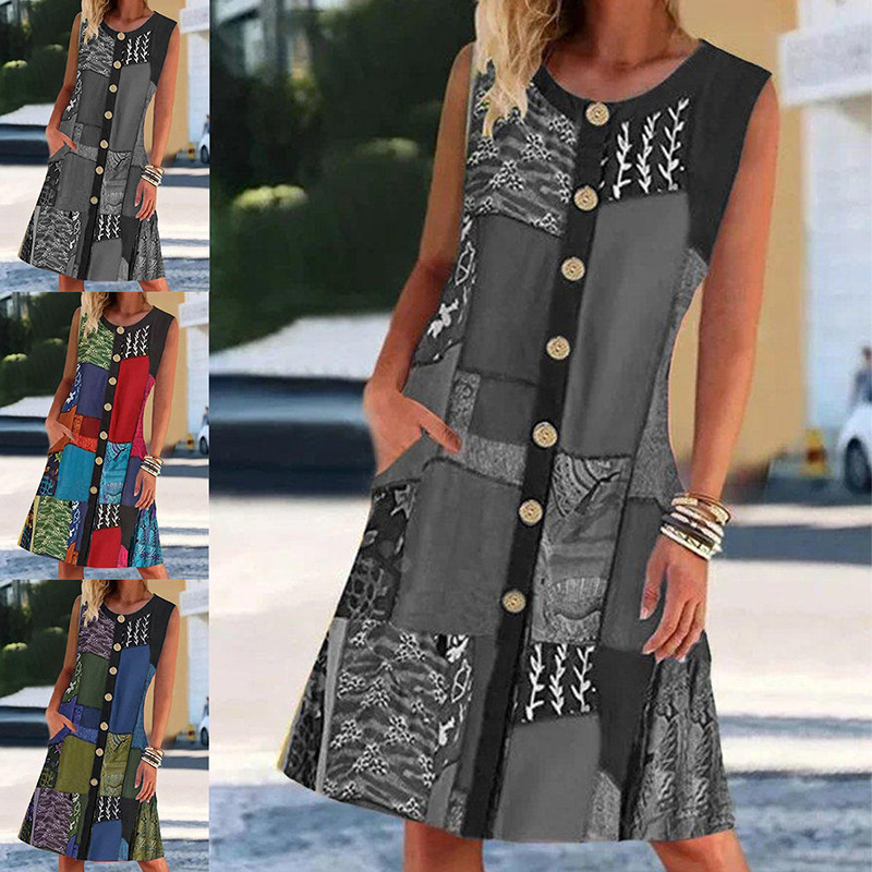 2021 Fashion Summer Womens Round Neck Sleeveless Printed Co