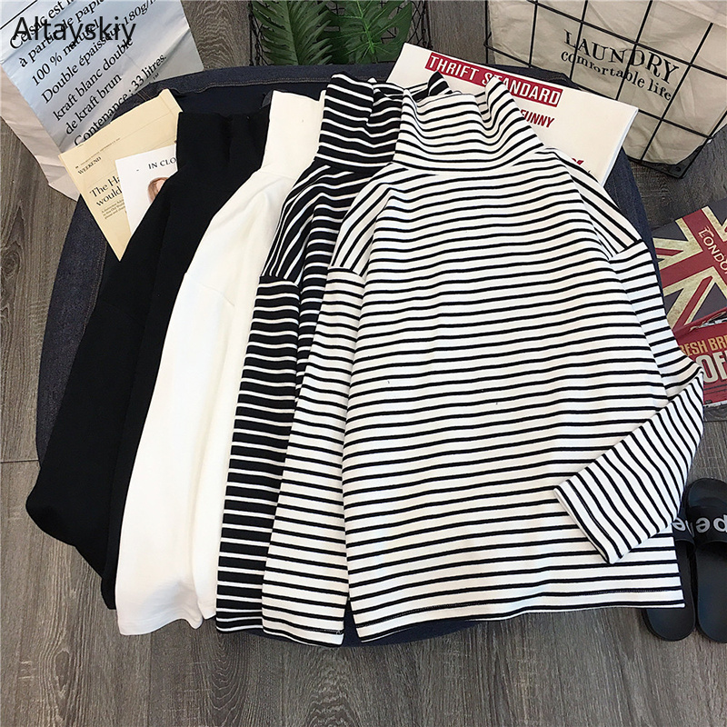 T-shirts Women Long Sleeve Loose Striped Solid Turtleneck Wo