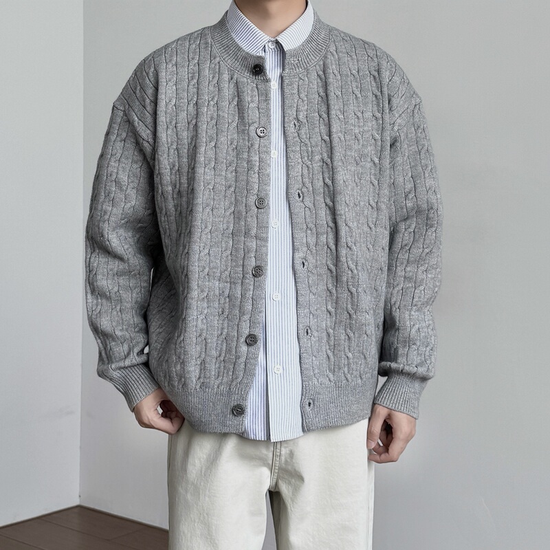 Onun Retro Cable Knit Solid Color Cardigan Autumn Unisex Loose Casual Versatile Button Round Neck Sweater Jacket
