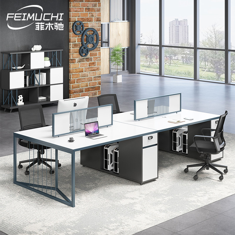 Staff desk minimalist modern staff station Four-4 people with white office table desk chair combination