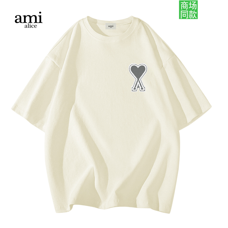 Ami Alice Official Heart Embroidery Short-Sleeve Heavyweight Cotton T-Shirt for Men and Women, Loose Korean Style Base Shirt, Trendy