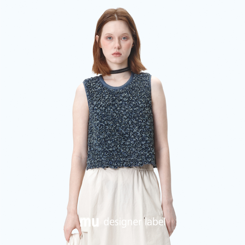 Mu Designer Label Women's Spring and Summer New Denim Blue Three-Dimensional Floral Texture Sleeveless Top Vest