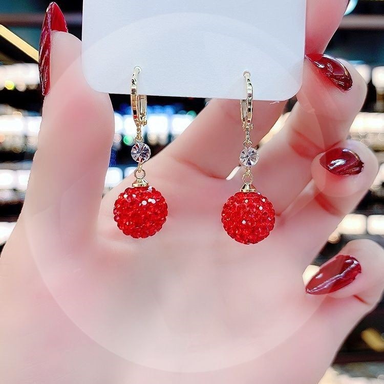 Autumn Winter Unique Red Jersey Ball Earrings Woman Japan-South Korea New Tide 100 Lapped Temperament Ear Button Round Inlaid Diamond Round earrings