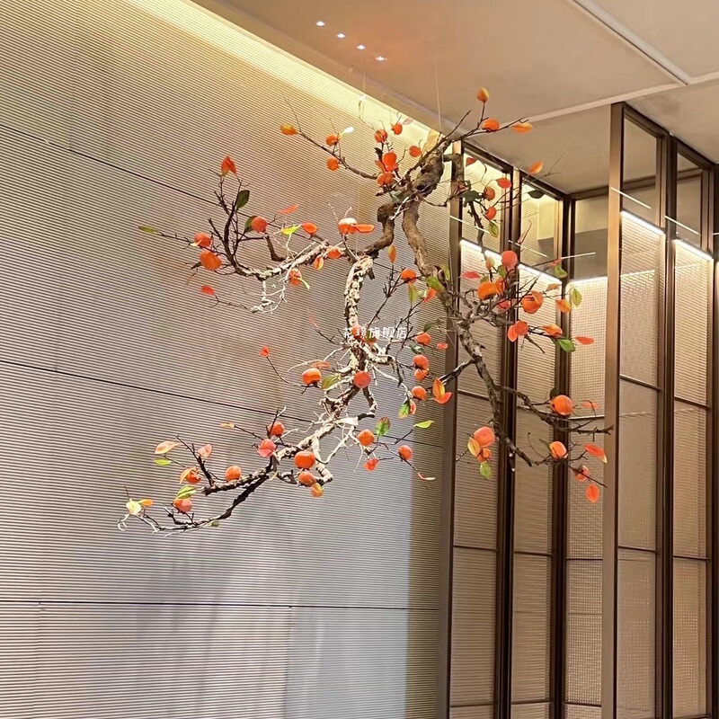 New Chinese-Style Zen Artificial Persimmon Tree, Wall-Mounted Hanging Persimmon Tree, Indoor Landscaping Decoration Fake Tree for Restaurants