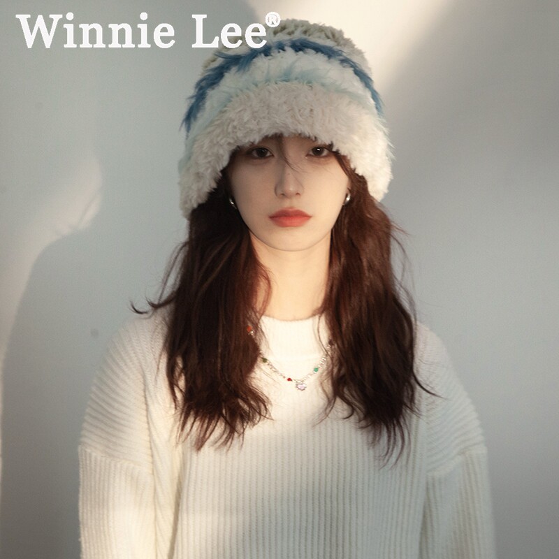 Winnie Lee Japanese designer's joint rabbit fur suede fisherman hat woman winter knit warm wool line cap-Taobao