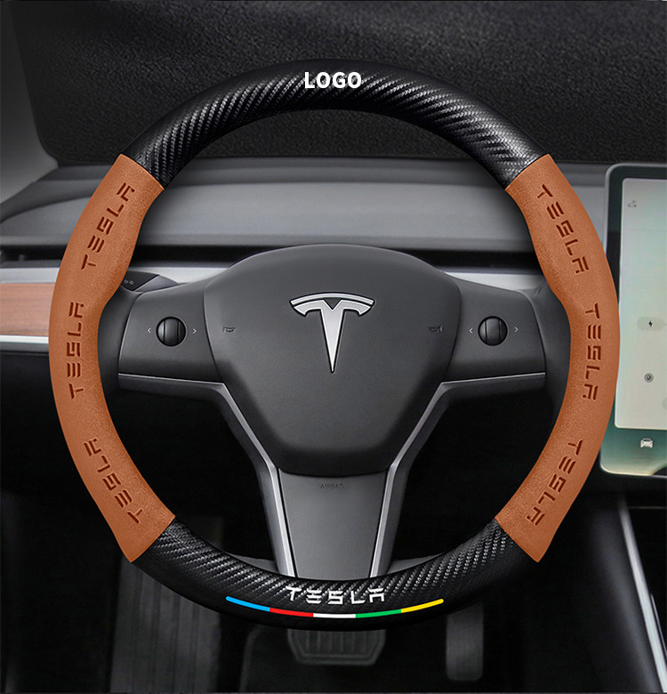 Suitable for Tesla Model 3 Steering Wheel Cover New Version Genuine Leather Suede Carbon Fiber Ultra-Thin Car Handlebar Cover