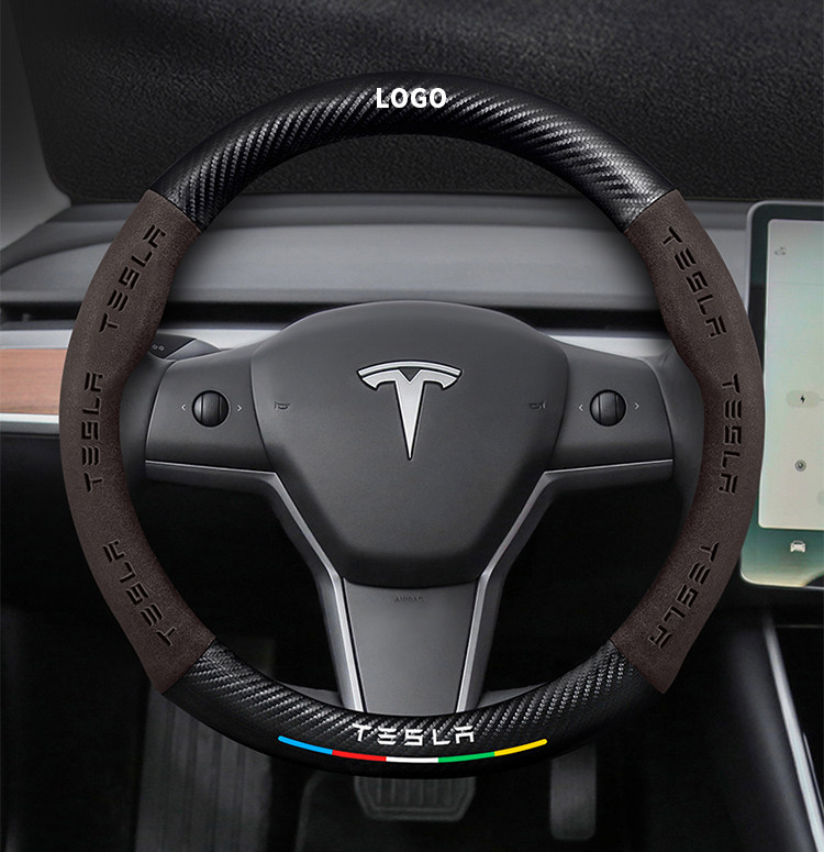 Suitable for Tesla Model 3 Steering Wheel Cover New Version Genuine Leather Suede Carbon Fiber Ultra-Thin Car Handlebar Cover